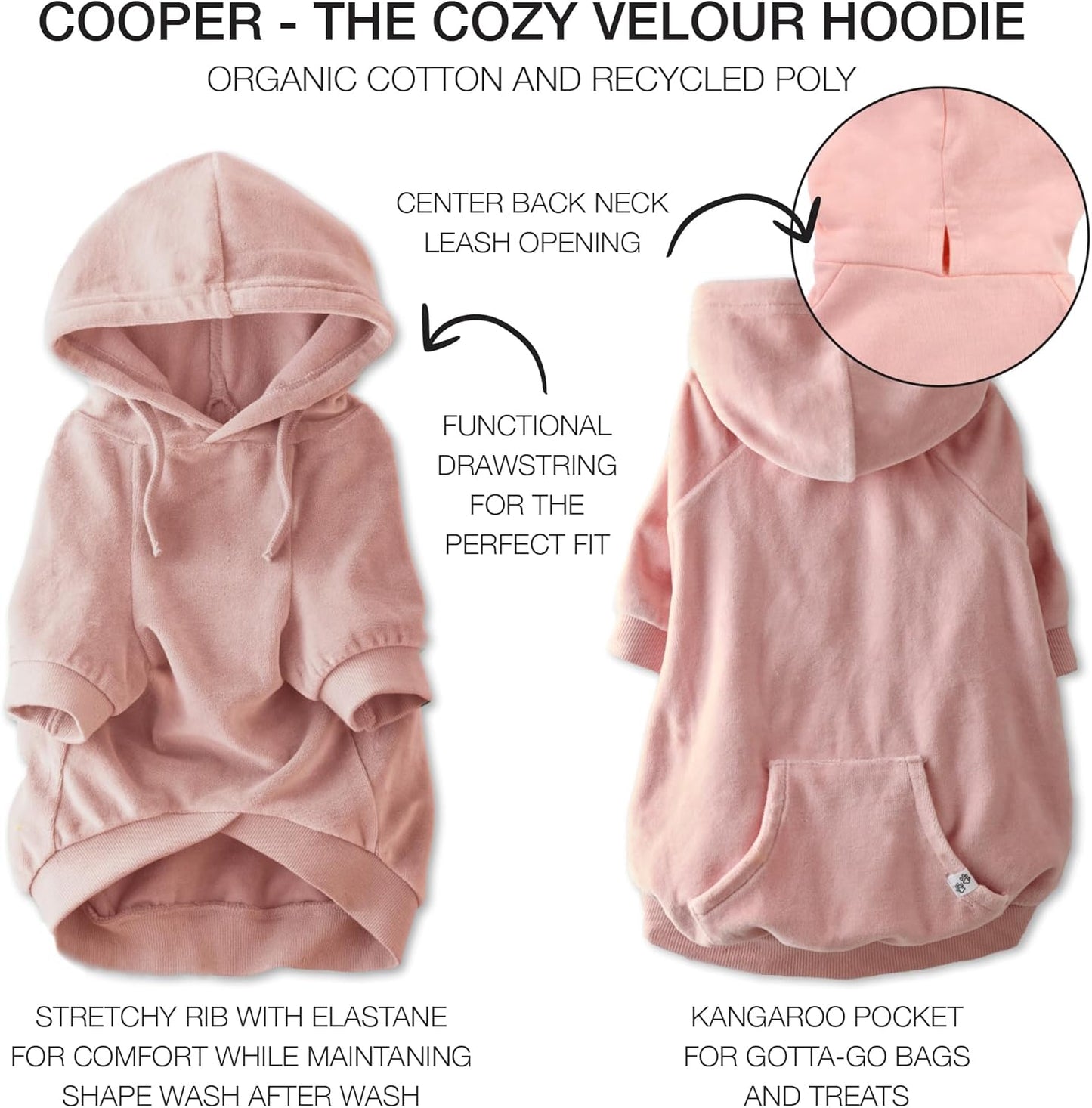 Cooper II Organic Cotton Velour Dog Hoodie Pet Coat for Small, Medium and Large Dogs, Pink, Medium