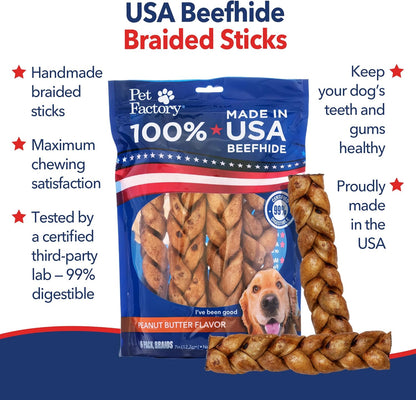 Pet Factory 7in Braided Beefhide Dog Chew Sticks with Peanut Butter Flavor - 100% USA Made Rawhide Chews for Medium Dogs, Long Lasting Dental Health, 7 inches (Pack of 6)