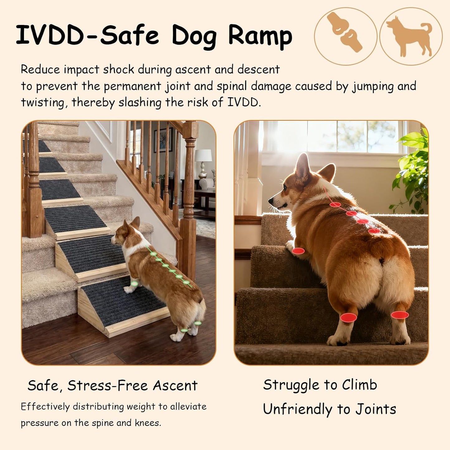 Dog Ramp for Stairs, Non-Slip Dog Stairs, Low-Angled Pet Ramps for Small Dogs and Cats, Medium Dogs, Step and Stair Assist for Injured and Older Pets, 2 Pack