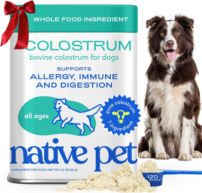 Native Pet Colostrum for Dogs – Bovine Colostrum Powder – Allergy Relief, Immune Support & Itchy Skin Treatment – Dog Multivitamins for Skin & Gut Health – Puppy Milk Replacement & Prebiotic -120 ct.