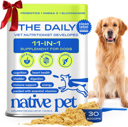 Native Pet Dog Vitamins & Supplements - 11-in-1 Vitamin Powder for Dog Food Topper - Collagen, Glucosamine, Probiotics, Omega & More- Supports Healthy Gut, Mobility & Overall Health - 30 Scoops