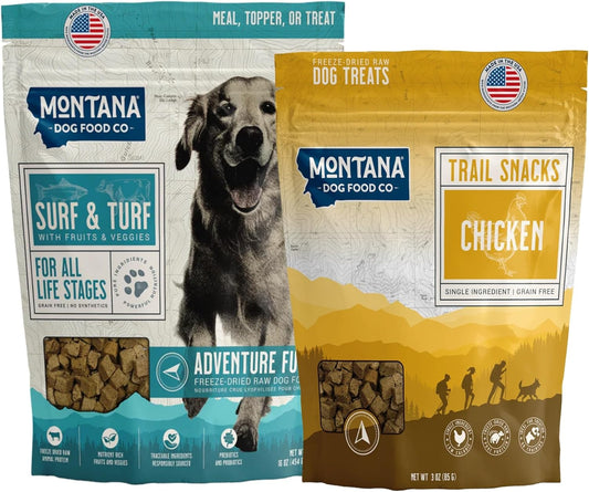 Surf and Turf Dog Food and Chicken Dog Treat Adventure Fuel Bundle - 16 oz Freeze-Dried Raw Food with Single Ingredient Training Snacks