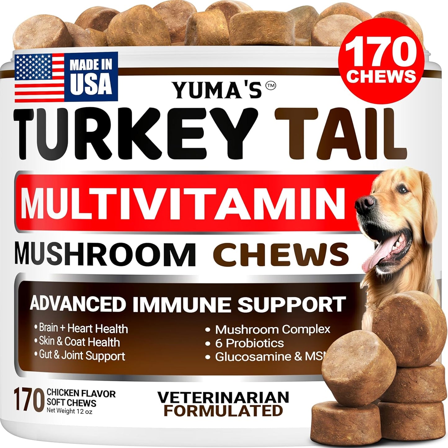 Turkey Tail Mushroom for Dogs - 170 Count - Mushroom Chews for Dogs Lipoma Lumps and Bumps - Immune, Digestive, Skin, Energy & Joint Health - Buddy Overall Health Guard - Dog Multivitamin Supplement
