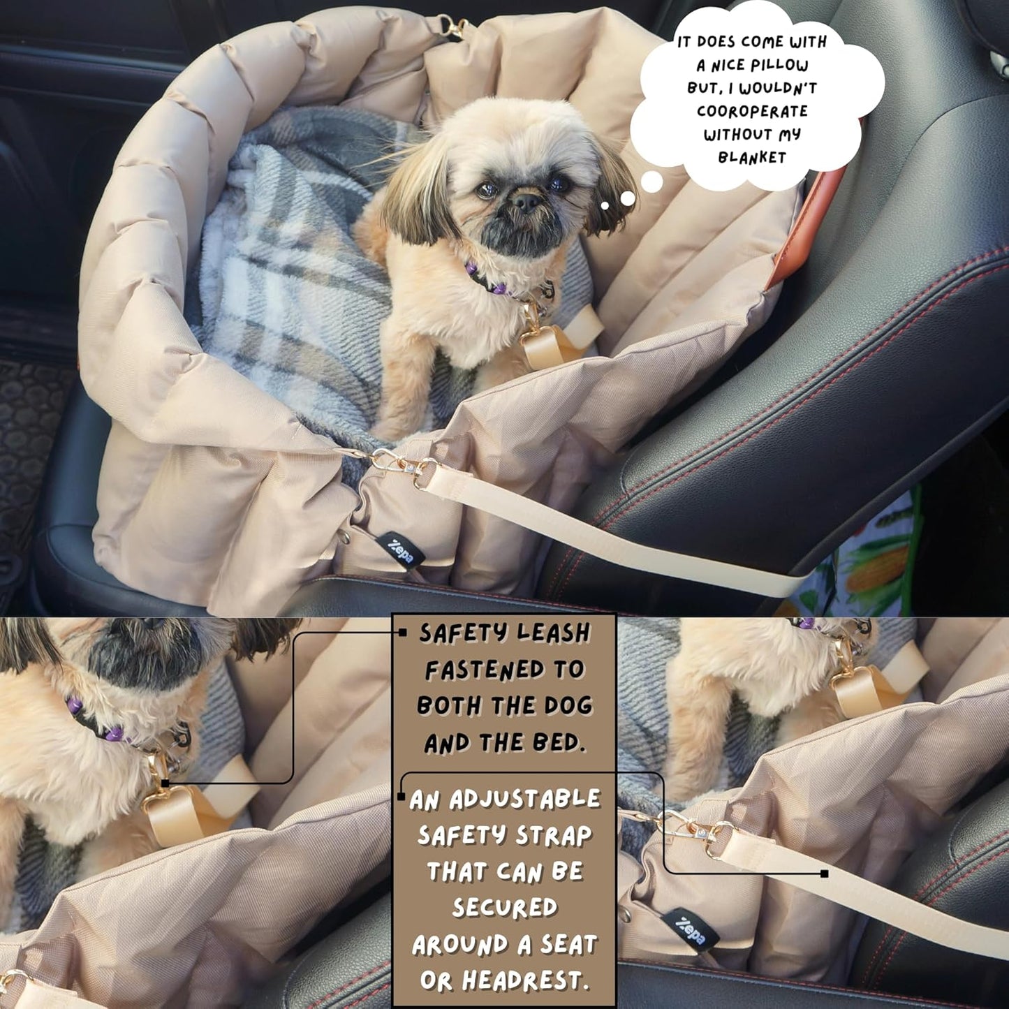 ZEPA Dog Car seat for Small Dogs, Dog Carrier for Small Dogs, Washable Oxford Fabric with Sherpa Pillow Adjustable Straps and Clip-on Leash Travel Carrier Bed 25Lb (Large)