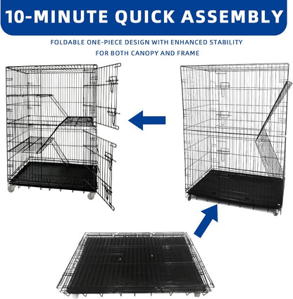 Cat Cage Large 4-Tier Indoor Cat Enclosure with Removable Tray & 2 Ladders, Foldable Metal Wire Cat Playpen with 360° Wheels, for 1-2 Cats & Small Pets, 35.4" L × 22.4" W × 49.2" H (Black