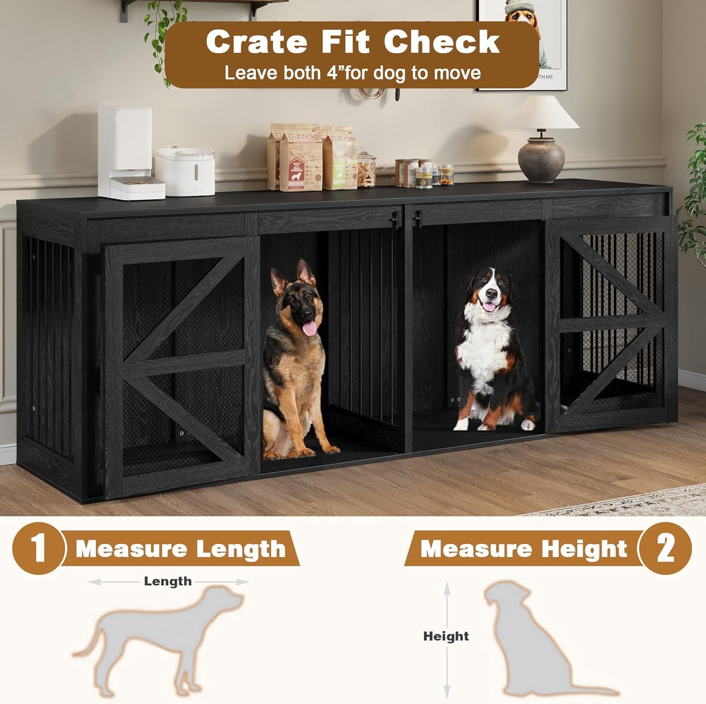 94.5'' Double Dog Crate Furniture, Farmhouse Dog Kennel TV Stand for 2 Large Dogs, Wooden Dog Cage Extra Large Breed with Divider & Solid Metal Tube, Black