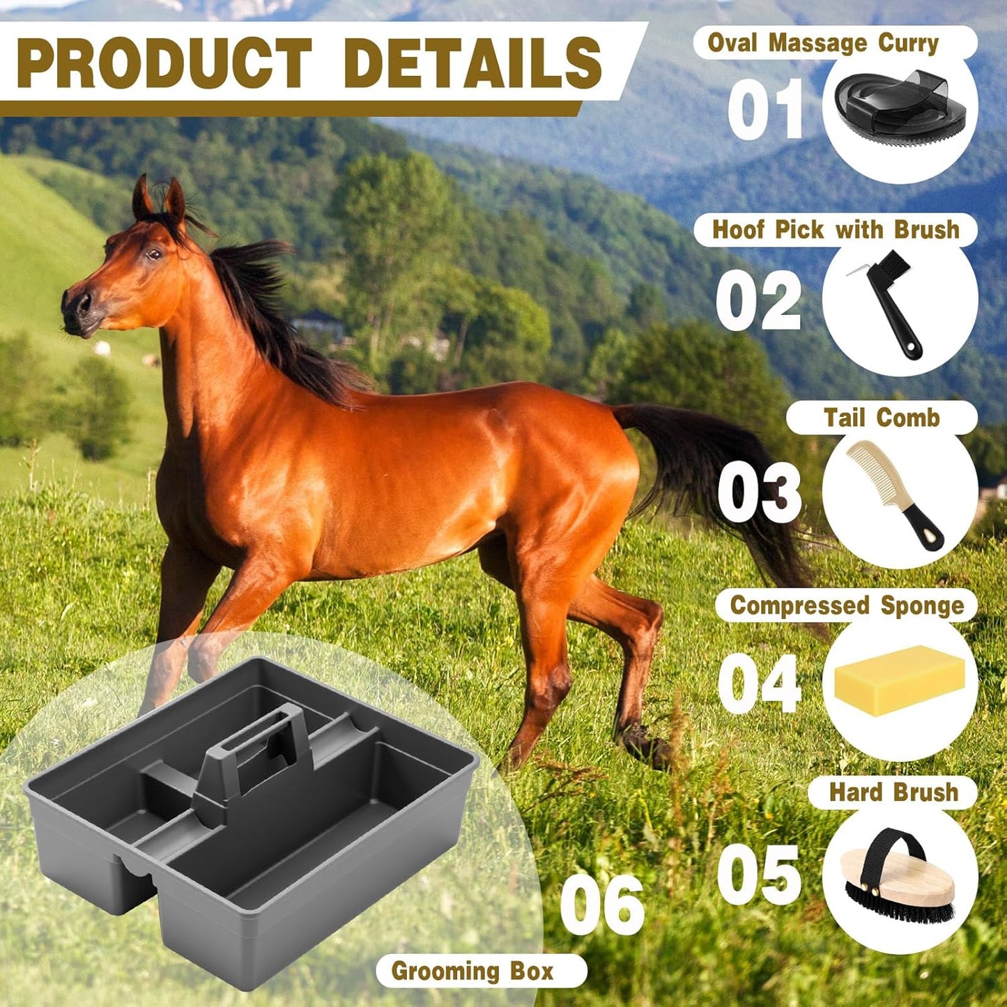 Abbylike 6 Pieces Horse Grooming Tote Kit Plastic Storage Grooming Bag for Horses Durable Tote Tack Box Organizer with Handle Horse Brush Sets Cleaning Caddy Supplies(Gray)