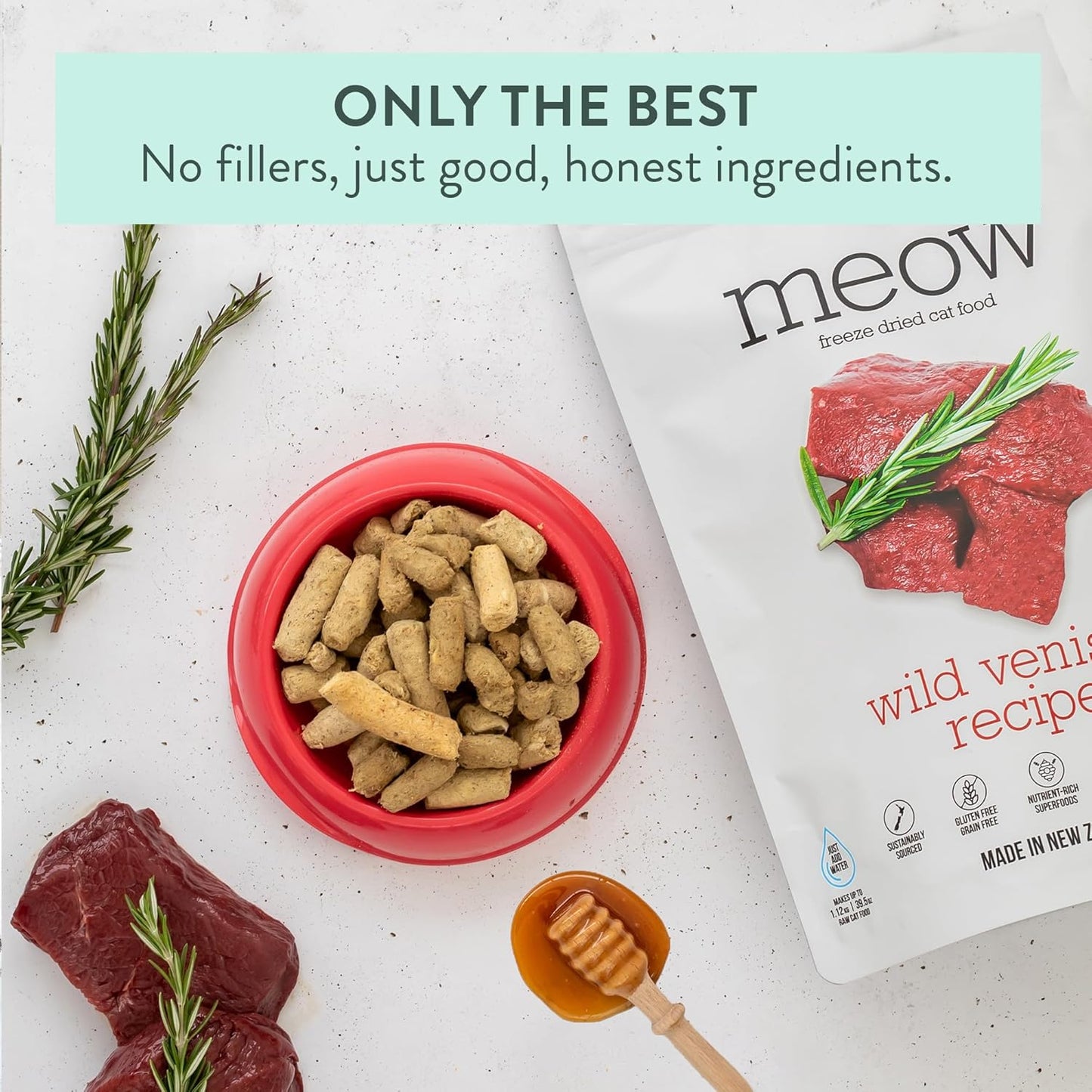 The New Zealand Natural Pet Food Co Meow Freeze Dried Cat Food - Wild Venison Recipe, High Protein Treats, Meals & Toppers, Dry Cat Food, 1.76 oz