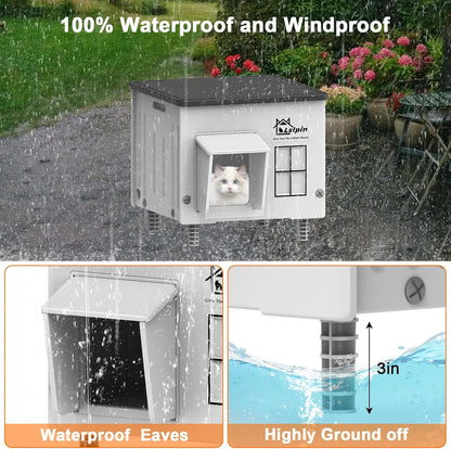 Indestructible Heated Cat House for Outside Cats Winter,Weatherproof & Insulated & Elevated Feral Cat House with Escape Door, Outdoor Indoor Cat Shelter for Stray Barn Cat 17.7×14.9×17.5