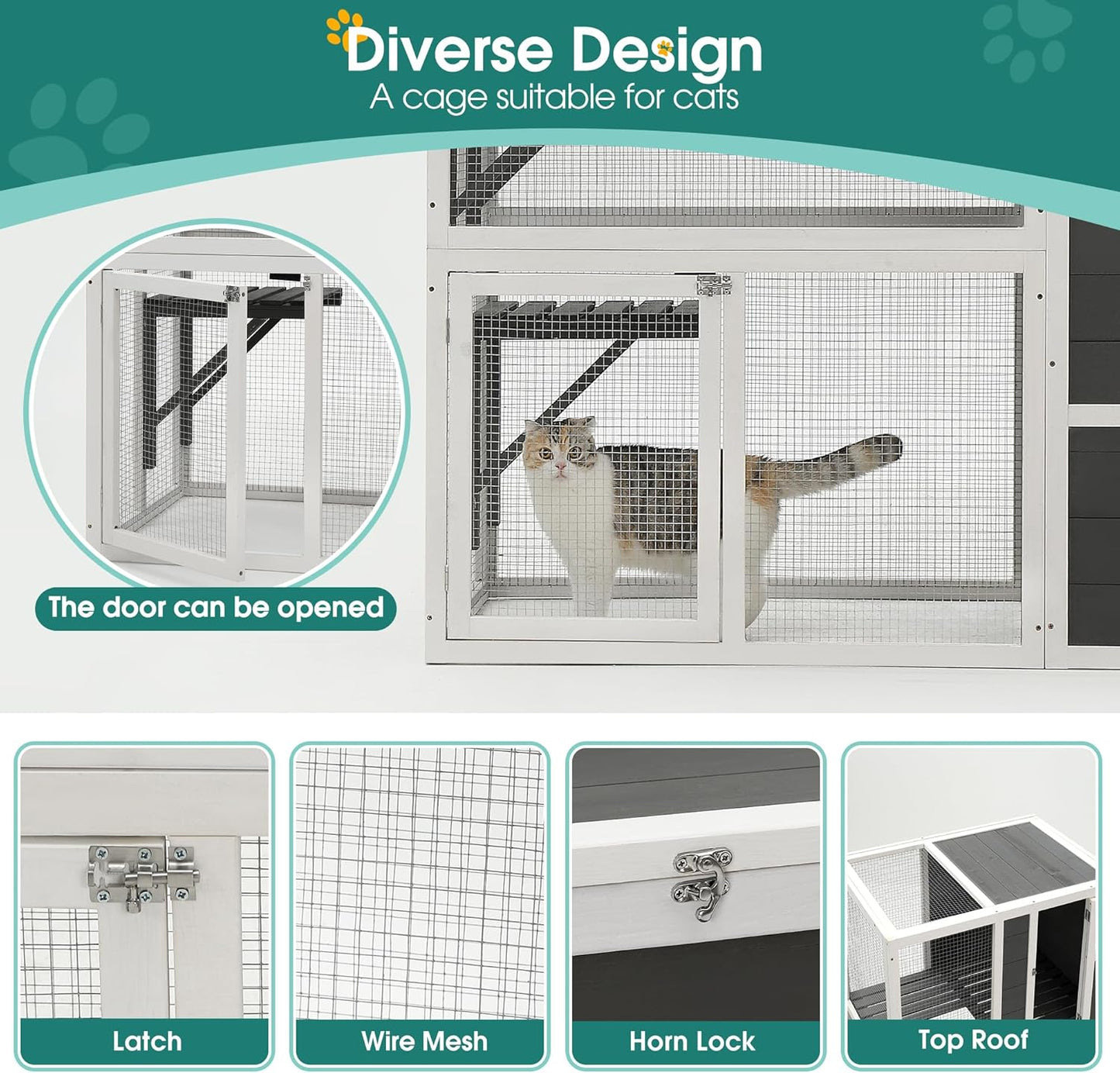 KEIKI Outdoor Cat Catio Enclosures 3-Tier Wooden Cat House with 4 Platforms and 2 Doors, Kitty House Shelter with a Jump Box for Hiding and Resting, 71"H Tall Kitten Cage for 1-3 Pets, UV-Proof, Gray