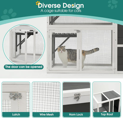 KEIKI Outdoor Cat Catio Enclosures 3-Tier Wooden Cat House with 4 Platforms and 2 Doors, Kitty House Shelter with a Jump Box for Hiding and Resting, 71"H Tall Kitten Cage for 1-3 Pets, UV-Proof, Gray