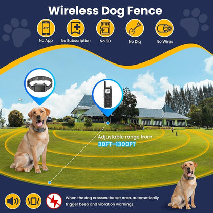 Wireless Dog Fence, Electric Fence for Dogs, Training Collar with Remote System 185 Days Standby Time, Waterproof & Flash Light Portable Dog Perimeter Collar with 3 Training Mode for 2 Dogs