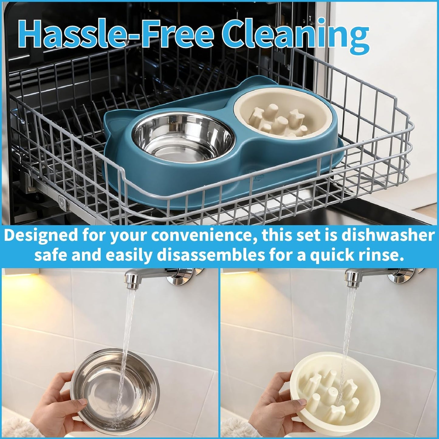 Slow Feeder Dog Food Bowls:Non-Spill/Skid/Ant Prevention Stainless Steel Food & Water Dish Set for S/M/L Size Dogs, Cats, Puppy Pets to Slow Down Feeding (Blue)