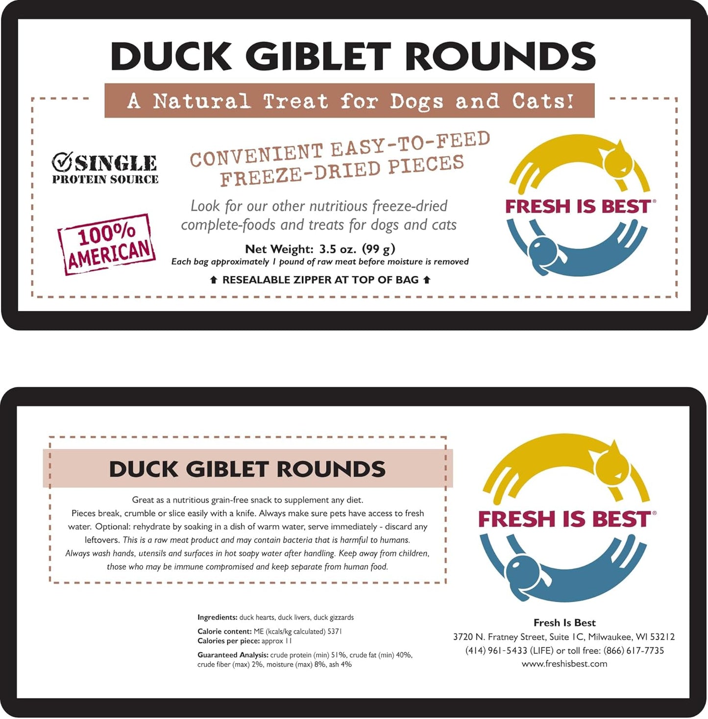 Fresh Is Best - Freeze Dried Healthy Raw Meat Treats for Dogs & Cats - Duck Giblets