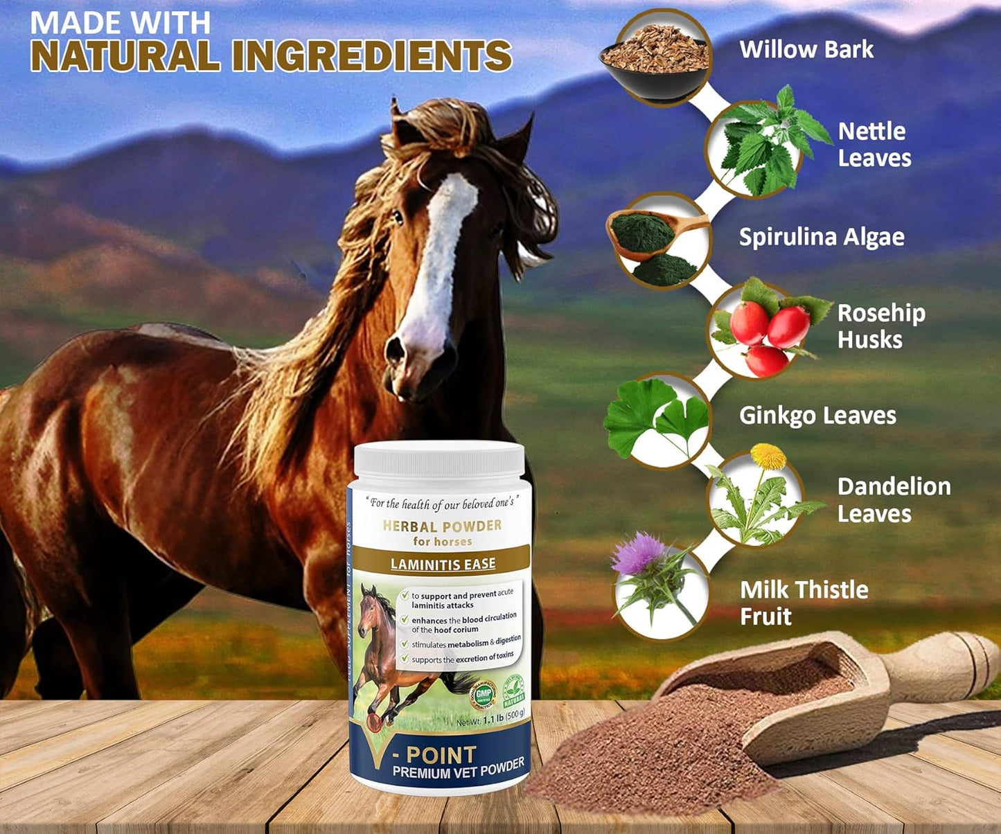 V-POINT - Laminitis Ease - hoof Supplements for Horses - Horse hoof Care Product Based on Natural Herbal Powder - Ideal for Hooves Health and Conditioning (1.0 lb)