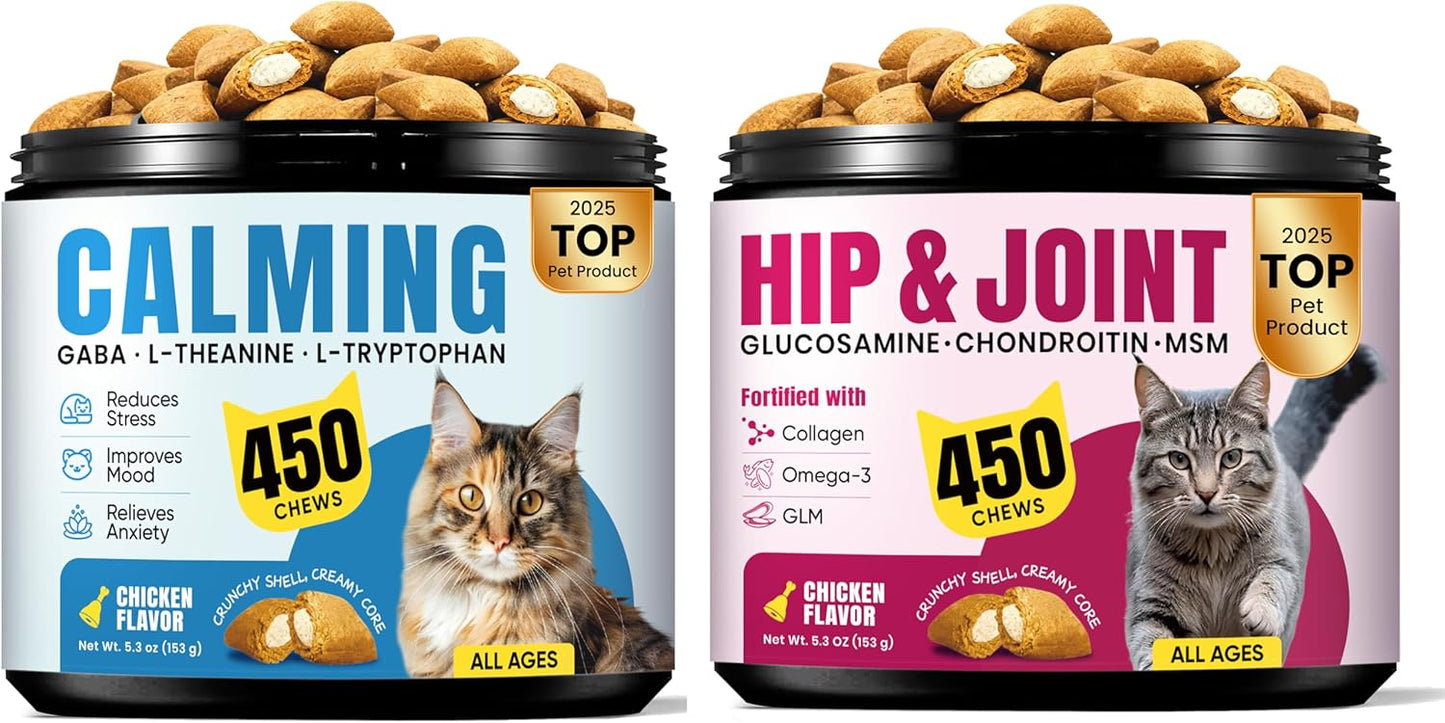 Cat Joint Supplement with Glucosamine for Mobility & Flexibility Support & Calming Cat Treats with GABA & Melatonin for Stress & Relaxation Support – 450 Chews