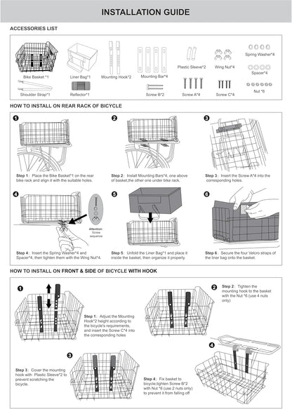 Bike Basket Suit for Front/Rear/Side of Bicycle with Removable Liner Bag, Dog Bike Basket Carrier for Travel, Large Size Basket More Storage, Ebike Accessoriest for Pets, Fruit & Grocery