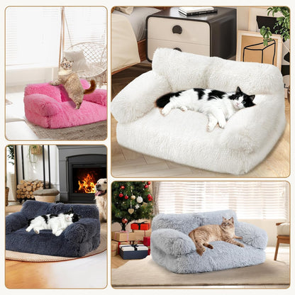 Large Cat Beds for Indoor Cats, Dog Couch Bed, Cute Cat Couch Sofas for Less 20lbs Kitten Puppy, Small Dog Sofas & Chairs with Removable Washable Cover, Soft Warm Pet Furniture, Plush White