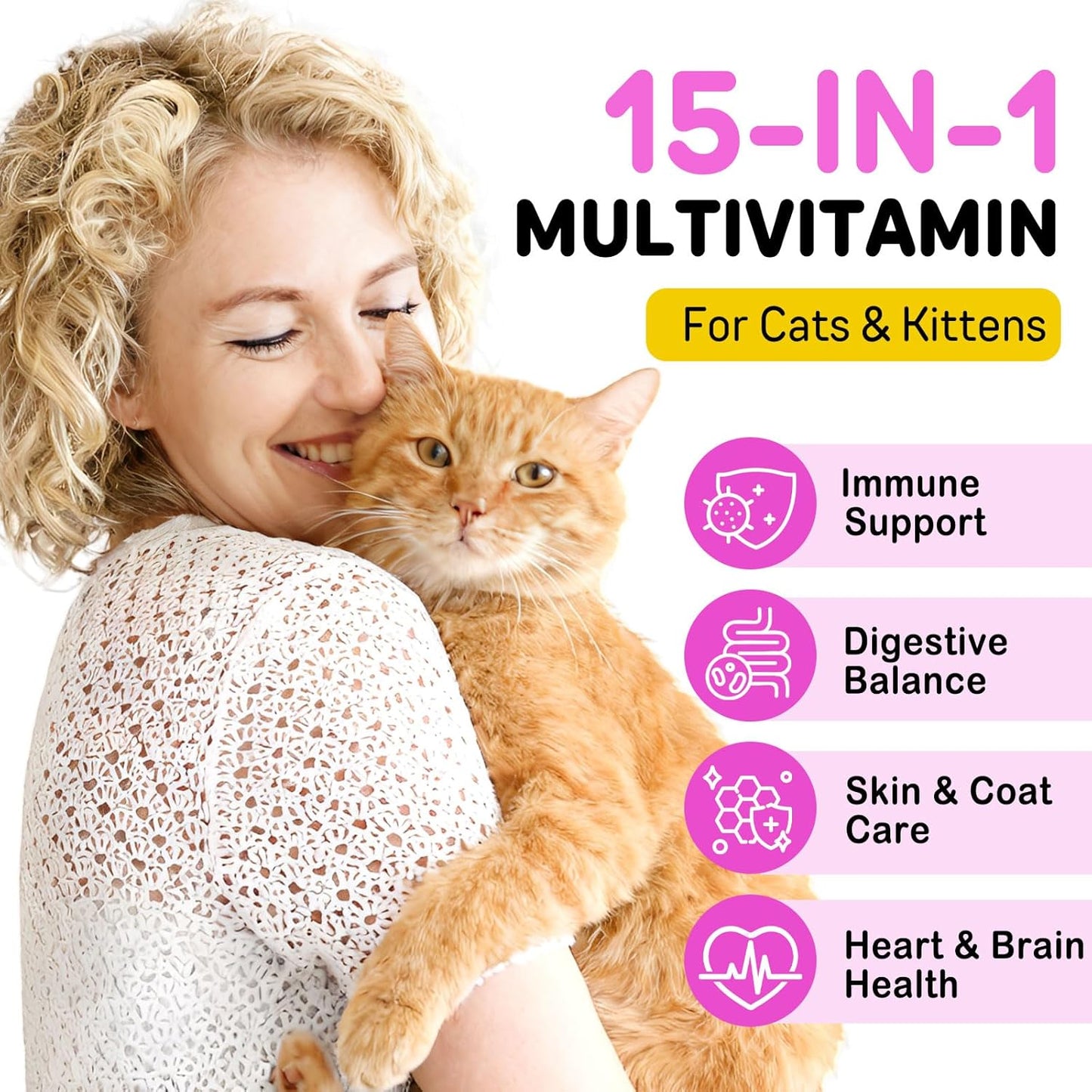 Cat Vitamins Chews, 15 in 1 Cat Multivitamin Treats for Health, Immune, Joint Support, Skin & Coat, & Digestion, Vitamins with Taurine, Omega-3s & Probiotics, Chicken (30 Day Supply)