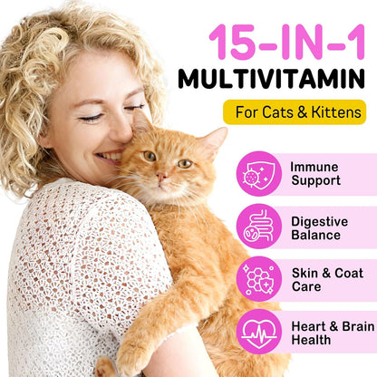 Cat Vitamins Chews, 15 in 1 Cat Multivitamin Treats for Health, Immune, Joint Support, Skin & Coat, & Digestion, Vitamins with Taurine, Omega-3s & Probiotics, Chicken (30 Day Supply)