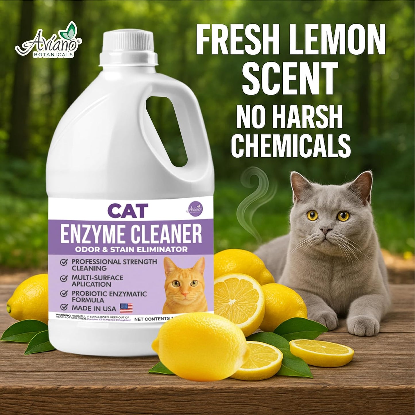 Aviano Cat Enzyme Cleaner – 1 Gallon – Made in USA – Odor Eliminator with Lemon Scent – Pet & Carpet Enzyme Cleaner for Cat Pee, Litter Boxes & Furniture