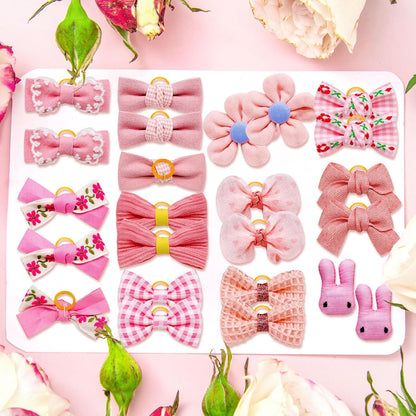 20pc Light Pink Small Dog Hair Bows with Rubber Bands, Flower Ball Bowknot Top Knot for Yorkie Hair Accessories