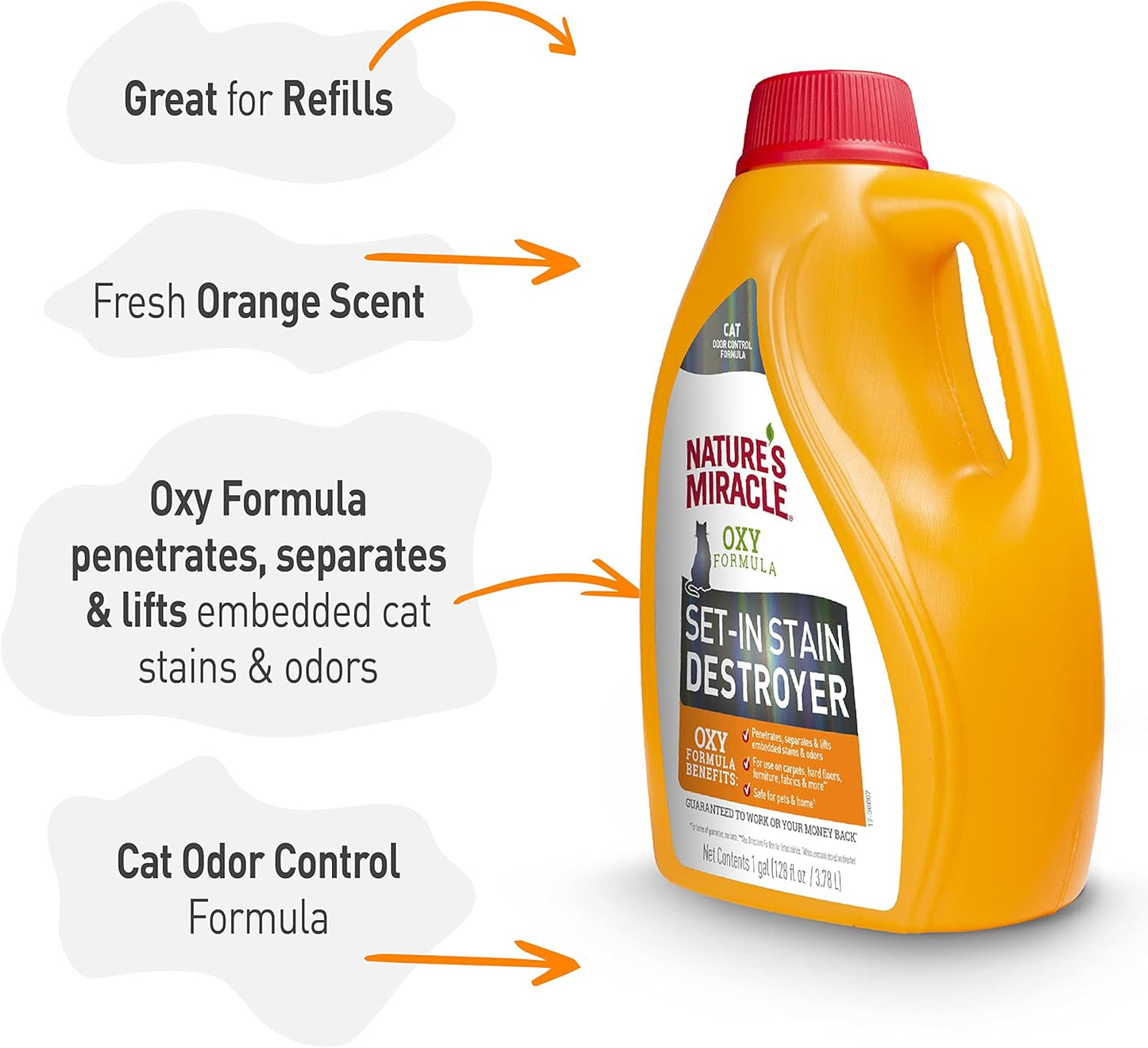 Nature’s Miracle Set-In Stain Destroyer, 1 Gallon, For Cat Messes, Oxy Formula With Orange Scent