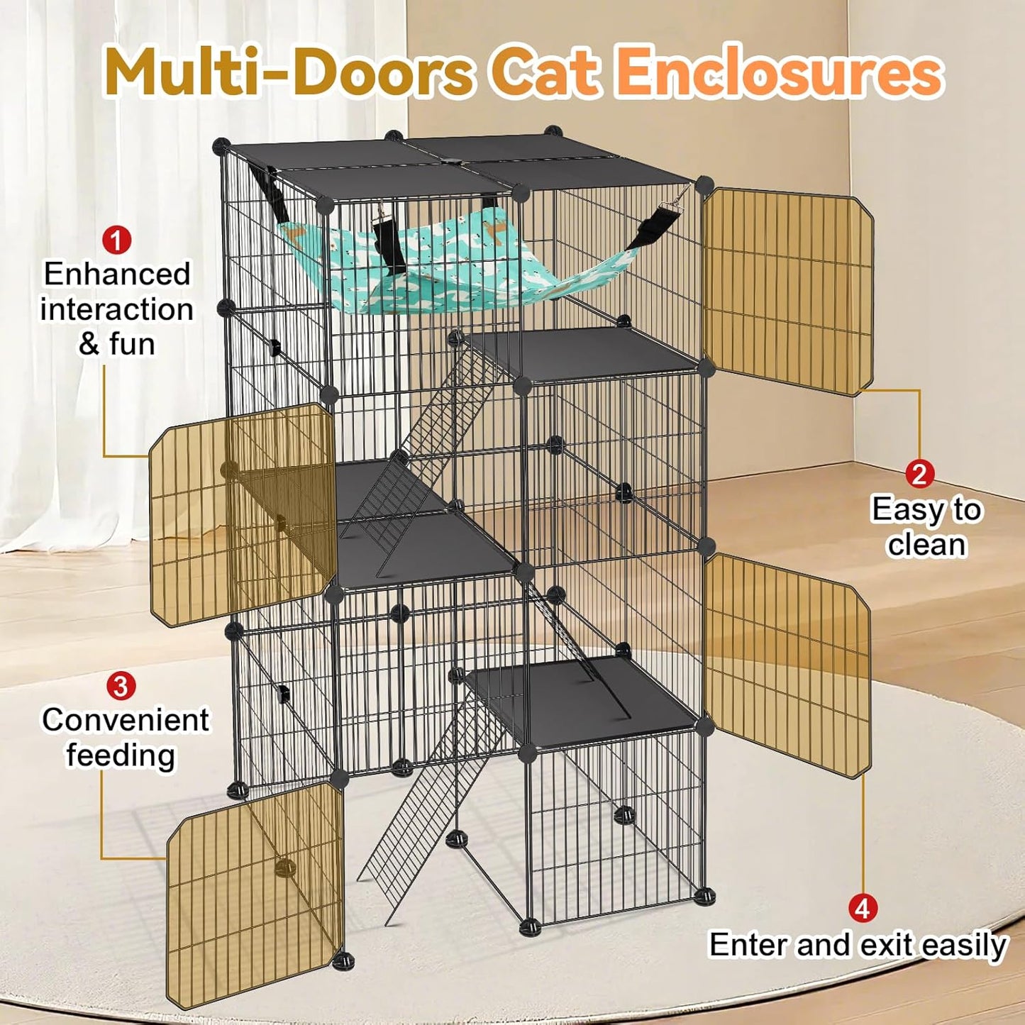 Cat Cage, 4-Tier DIY Cat Enclosures Catio, Cat Playpen Indoor & Outdoor with Hammock, Detachable Metal Wire Kennel Cats Crate, 2x2x4 Exercise Place for 1-3 Cats/Kitten