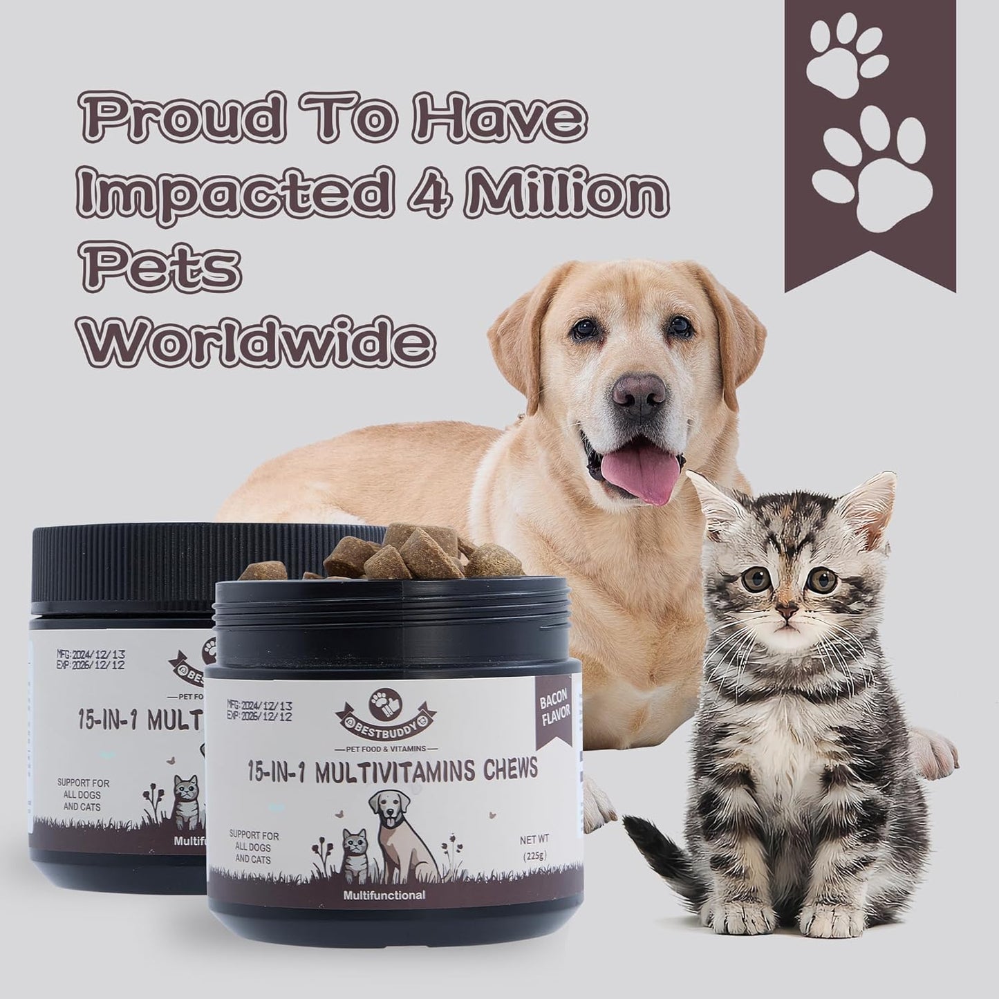 Best Buddy Multivitamin 15-in-1 Treats for Dogs I Cats, Complete Health Supplement Joint Support + Digestive Enzymes, Grain Free Dog Vitamins and Supplements for Skin & Coat (Bacon/Pork, 225g)