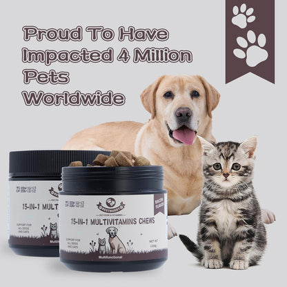 Best Buddy Multivitamin 15-in-1 Treats for Dogs I Cats, Complete Health Supplement Joint Support + Digestive Enzymes, Grain Free Dog Vitamins and Supplements for Skin & Coat (Bacon/Pork, 225g)