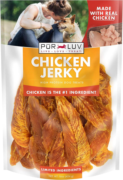 Pur Luv Chicken Jerky Dog Treats, Made with 100% Real Chicken Breast, 16 Ounces, Healthy, Easily Digestible, Long-Lasting, High Protein, Satisfies Dog's Urge to Chew
