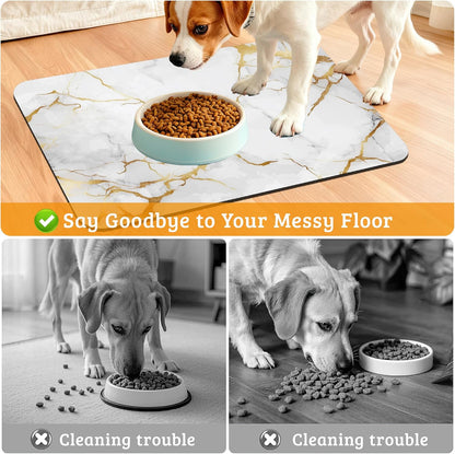 Abstract Marble Dog Food Mat,White Gold Absorbent Pet Feeding Mat for Food and Water Bowl,Quick Dry Dog Placemat Non Slip Rubber Backing Waterproof Pet Supplies 16" x 24"