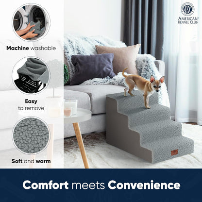 AKC 4-Step Pet Stairs – Durable, Non-Slip Steps for Small Dogs and Cats, Washable Cover, Simple No-Tool Assembly, Supports Up to 50 lbs