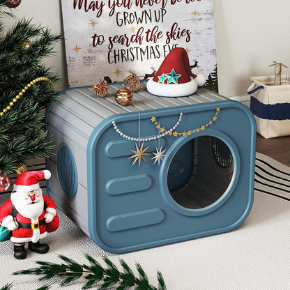 Outdoor Cat House, Outside Cat Shelter with Bed Mat for Feral Cat, Plastic Pet House for Indoor and Outdoor Use, Weatherproof, Blue