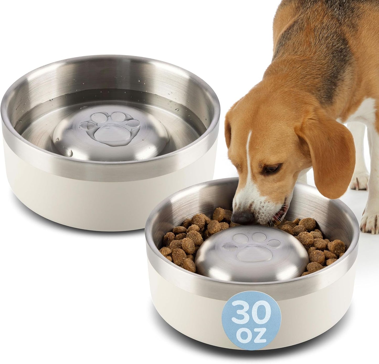 Set of 2 Stainless Steel Slow Feeder Dog Bowls - 30oz Double Wall Insulated Food and Water Bowls for Dogs - Non Slip Metal Pet Dishes for Small-Medium Sized Pets PETMAKER (Cream)