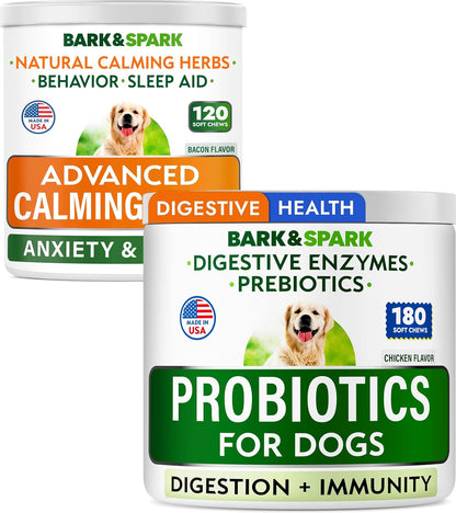 BARK&SPARK Dog Probiotics for Digestive Health+Calming Chews Bundle - Anxiety Relief Treats - Diarrhea, Gas Treatment, Upset Stomach Relief - Probiotic Chews for Dogs