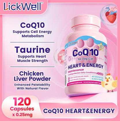 CoQ10 for Dogs, Coenzyme Q10 Heart & Cardiovascular Support Supplement for Dogs Cats, with Taurine & Chicken Liver Powder, Promotes Heart Health, Cognitive and Energy Support - 120 Capsules