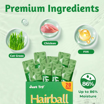 Just Try 36 OZ Cat Treats Cat Grass+20 Tubes Creamy Lickable Puree Treats Hairball Control Dental Care Training Kitten Snacks