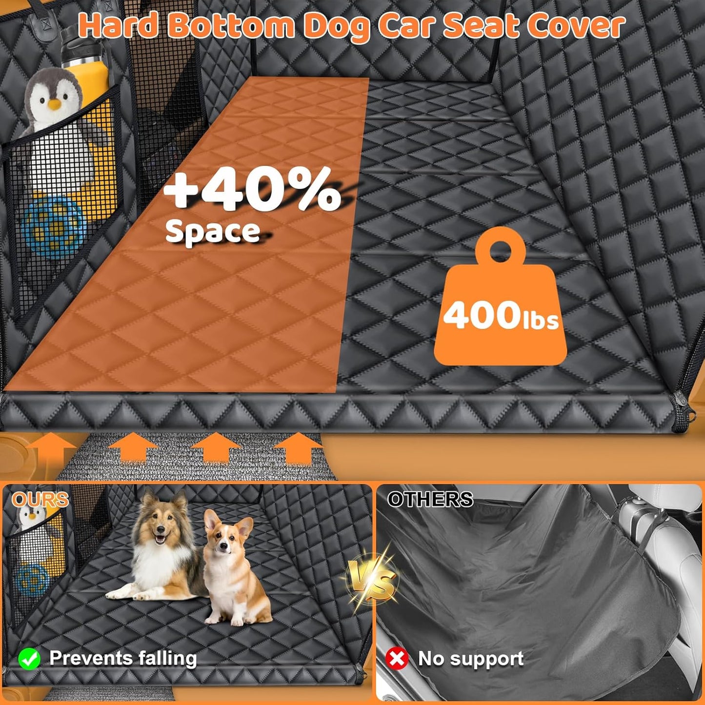 URPOWER Backseat Extender for Dogs - Hard Bottom Dog Car Seat Cover for Back Seat, Dog Hammock for Car, SUV, and Truck, Pet Rear Seat Protector Dogs Travel Bed with Mesh Window & Side Flaps