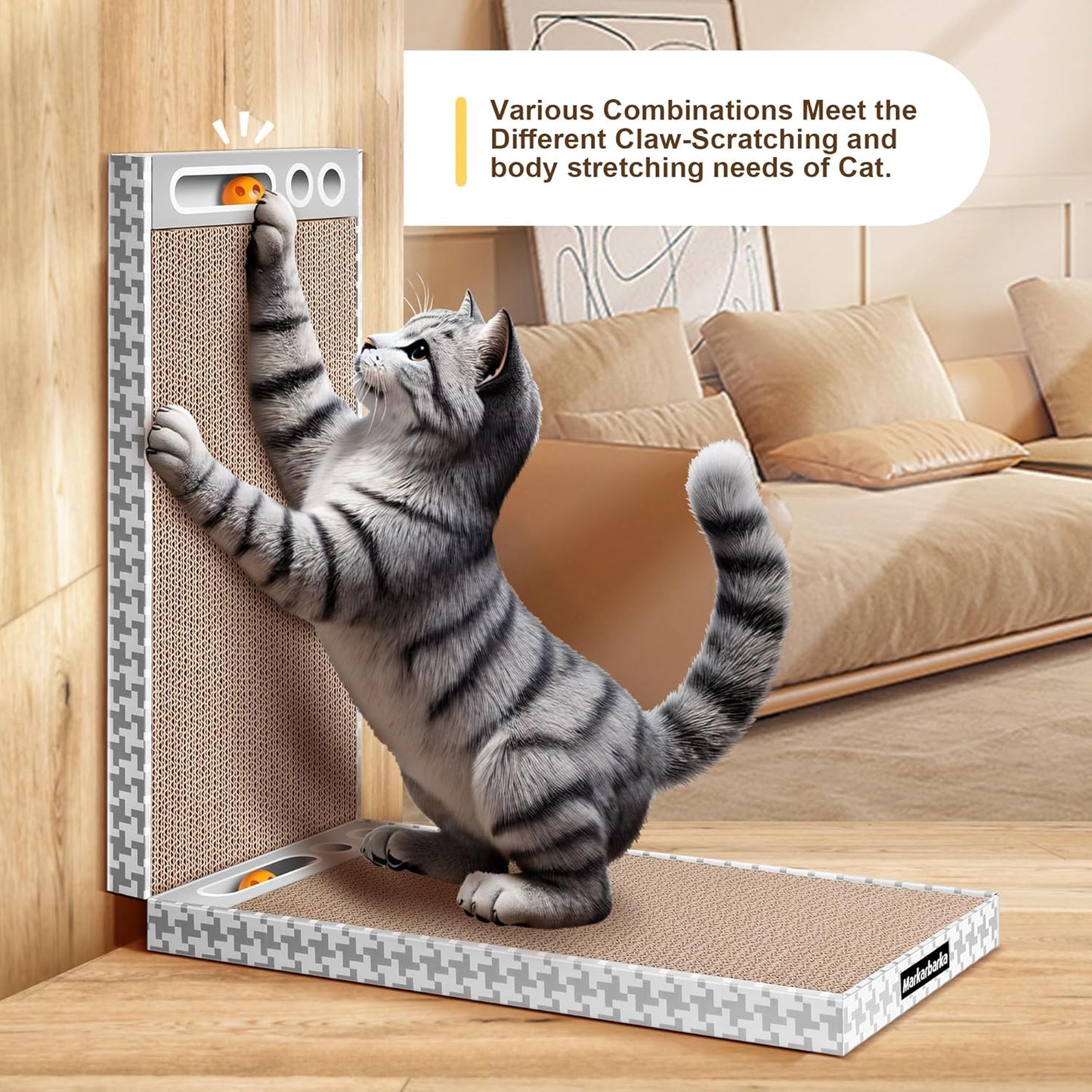 Cat Scratching Board 3 Pack – Reversible Cardboard Scratcher for Indoor Cats, Wide Boxed Scratch Pads with Bell Ball, Durable Corrugated scratchers as Furniture Protector