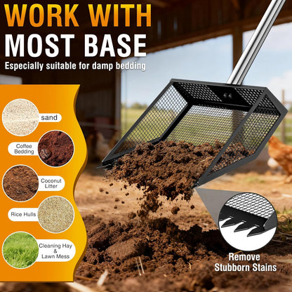 TOOGE Large Chicken Poop Scooper: 2-in-1 Metal Pooper Scooper & Rake Adjustable Long Handle Stainless Steel Sand Sifter Litter Shovel Chicken Coop Scoop Cleaning Tool for Coffee Ground Farm Yard Black