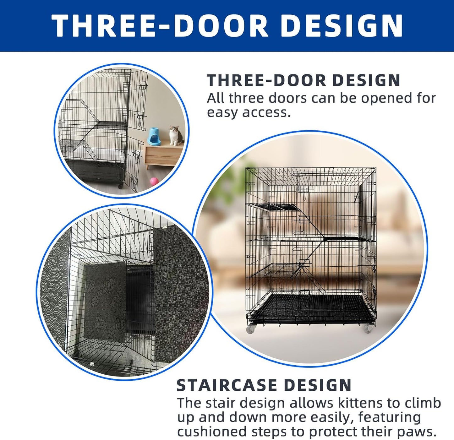 Cat Cage Large 4-Tier Indoor Cat Enclosure with Removable Tray & 2 Ladders, Foldable Metal Wire Cat Playpen with 360° Wheels, for 1-2 Cats & Small Pets, 35.4" L × 22.4" W × 49.2" H (Black