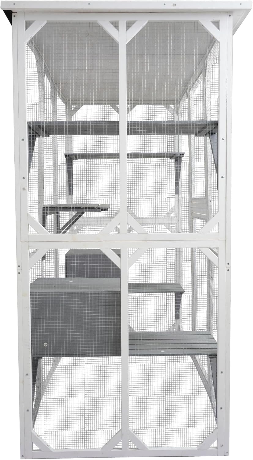 Wooden Outdoor Cat Cage with Asphalt Roof,Cat House with Jump Platforms and Sleeping Nook, Weatherproof Cat Enclosure for Indoor/Outdoor Use, Stylish & Spacious Design,70" L x 37" W x 71" H White