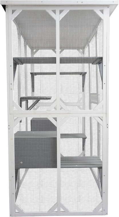 Wooden Outdoor Cat Cage with Asphalt Roof,Cat House with Jump Platforms and Sleeping Nook, Weatherproof Cat Enclosure for Indoor/Outdoor Use, Stylish & Spacious Design,70" L x 37" W x 71" H White