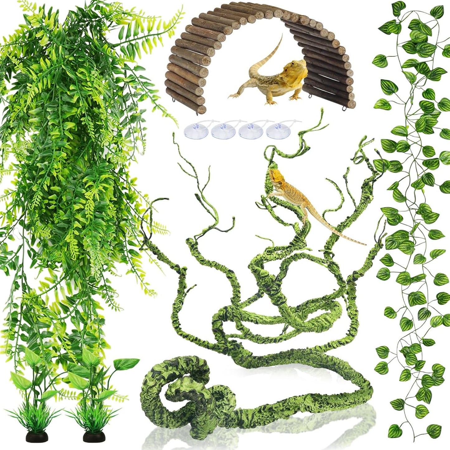 Bearded Dragon Tank Accessories, Terrarium Hanging Plant Vines Artificial Leaves Reptile Hide, Bridge Jungle Climber Reptile Vines for Snakes Bearded Dragon Chameleon Gecko Lizard