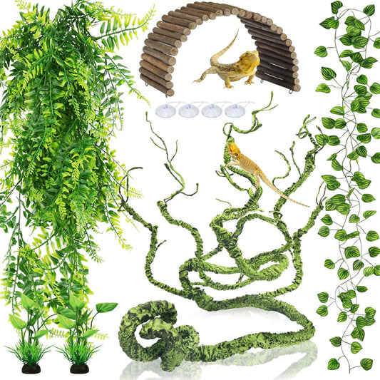 Bearded Dragon Tank Accessories, Terrarium Hanging Plant Vines Artificial Leaves Reptile Hide, Bridge Jungle Climber Reptile Vines for Snakes Bearded Dragon Chameleon Gecko Lizard