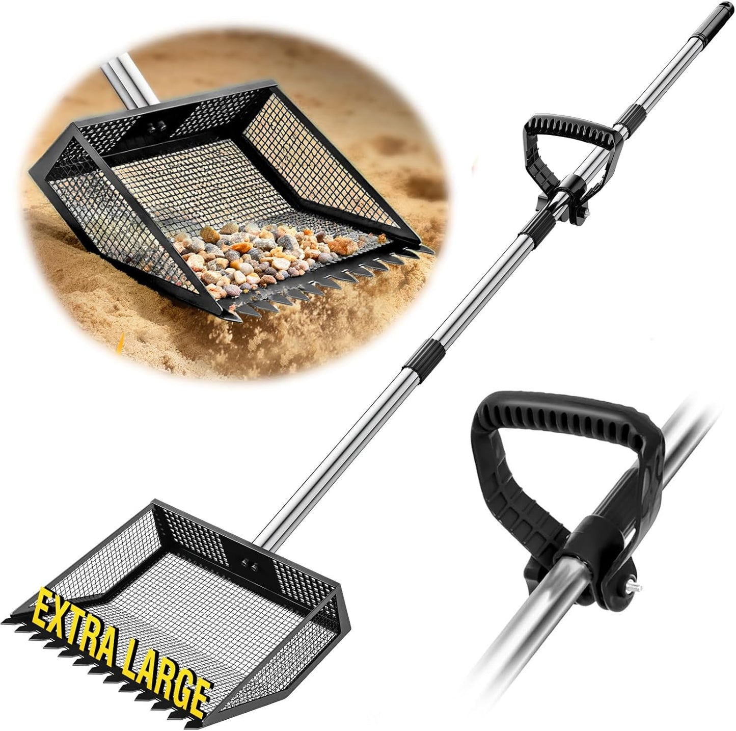 TOOGE Large Chicken Poop Scooper: 2-in-1 Metal Pooper Scooper & Rake Adjustable Long Handle Stainless Steel Sand Sifter Litter Shovel Chicken Coop Scoop Cleaning Tool for Coffee Ground Farm Yard Black