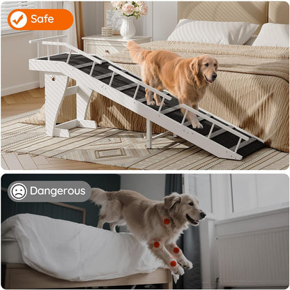 HOOBRO Dog Ramp for Bed, Large Wooden Pet Ramp for Dogs with Non-Slip Carpet Surface, Safety Rails, and Top Platform, 70.9" x 15.7" x 23.6", White and Black BW18PT03G1