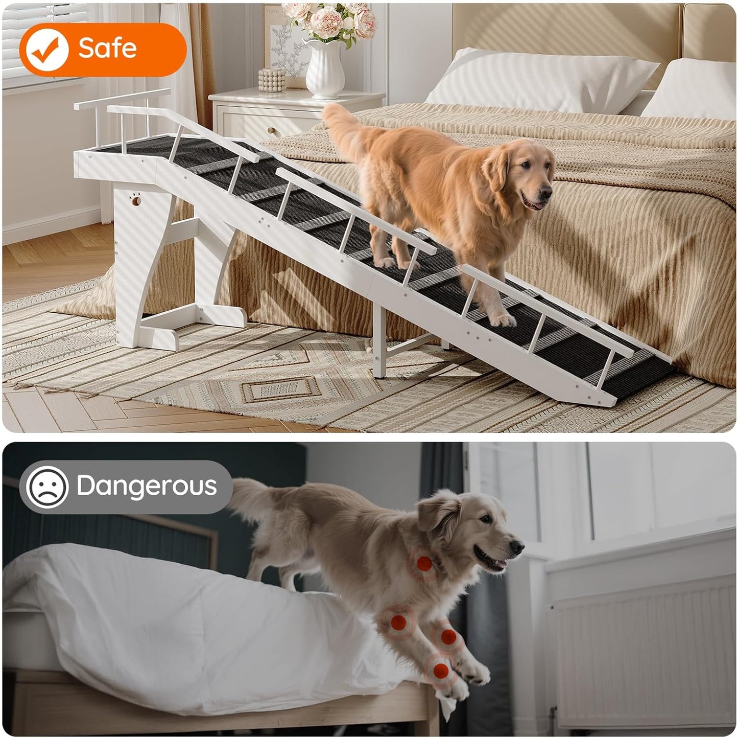 HOOBRO Dog Ramp for Bed, Large Wooden Pet Ramp for Dogs with Non-Slip Carpet Surface, Safety Rails, and Top Platform, 70.9" x 15.7" x 23.6", White and Black BW18PT03G1