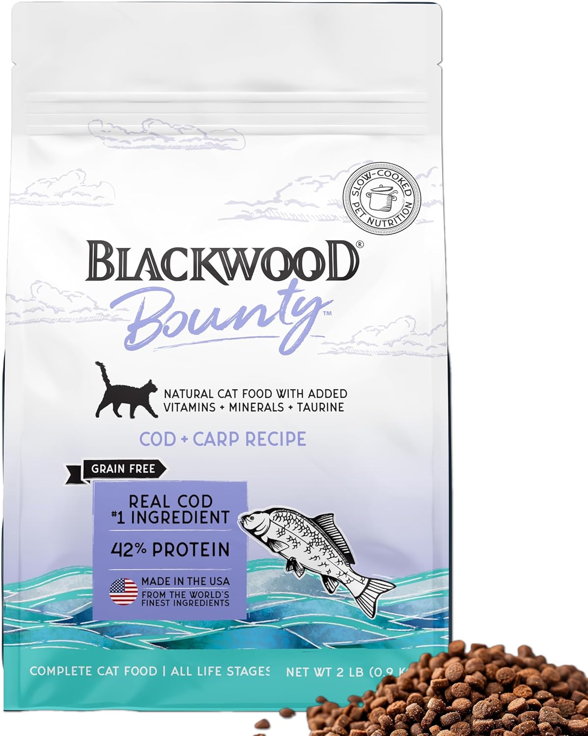 Blackwood Bounty Dry Cat Food, Cod & Carp Recipe for All Life Stages, 2 Pound Bag, High Protein, Grain Free